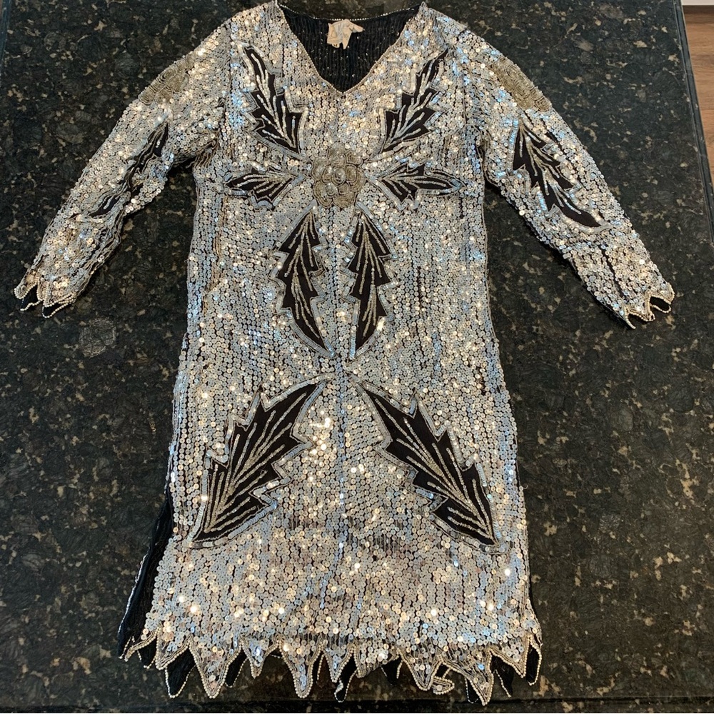 Vintage Le Mieux Silk Beaded Gatsby Dress M